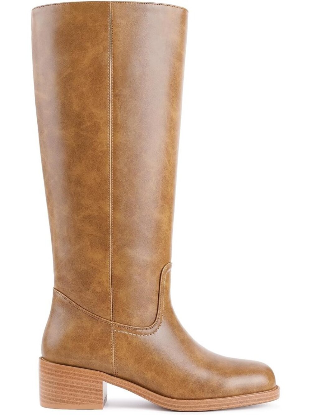 Women's Light Brown Square Toe Chunky Block Heel Wide Calf Riding Knee High Boot